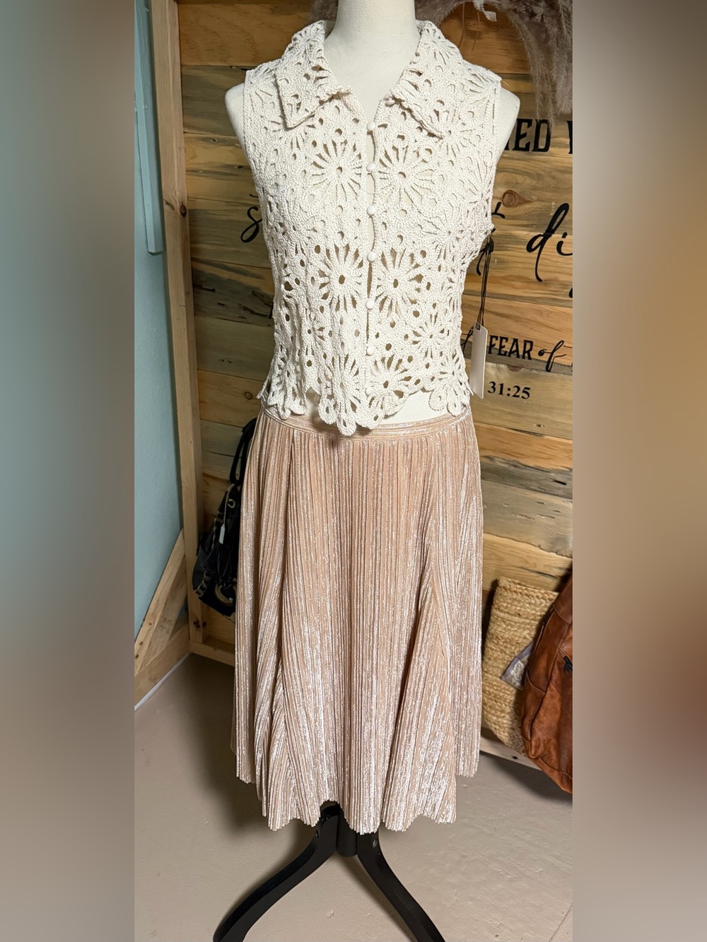 Maeve Metallic Pleated Maxi Skirt in Champagne Blush